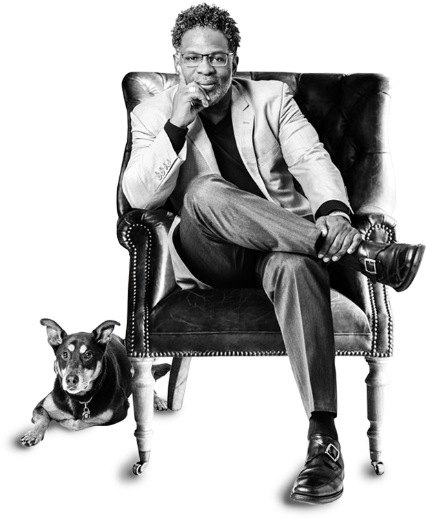 Portrait of Christopher Sebastian Parker, Ph.D. with his dog, Brooklyn taken by Tressa Mae